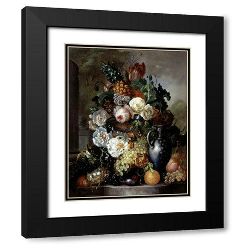 Still Life of Fruit and Flowers Black Modern Wood Framed Art Print with Double Matting by Hyugens, Francois Joseph