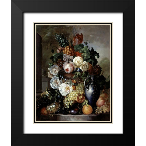 Still Life of Fruit and Flowers Black Modern Wood Framed Art Print with Double Matting by Hyugens, Francois Joseph