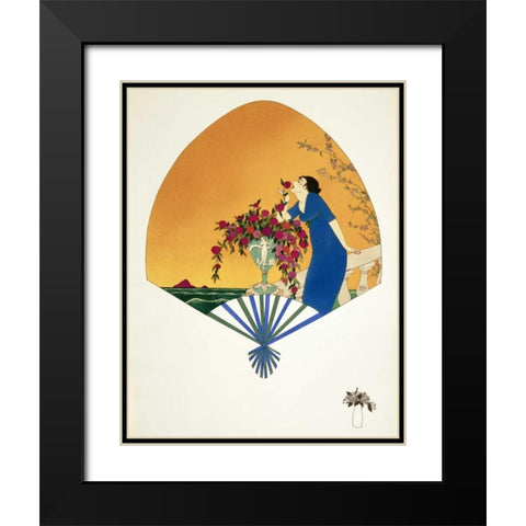 Fan: Woman On Balcony Smelling Rose Black Modern Wood Framed Art Print with Double Matting by Iribe, Paul