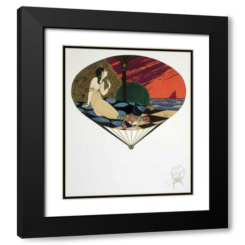 Fan: Woman Seated On Pillow Looking at Sea Black Modern Wood Framed Art Print with Double Matting by Iribe, Paul