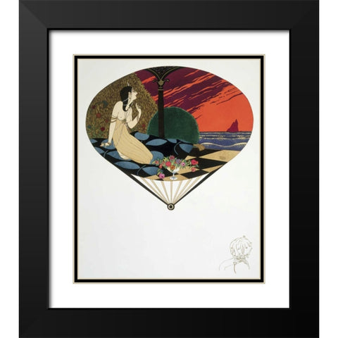Fan: Woman Seated On Pillow Looking at Sea Black Modern Wood Framed Art Print with Double Matting by Iribe, Paul