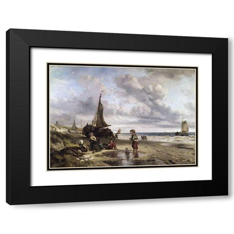 Children Playing By The Ocean Black Modern Wood Framed Art Print with Double Matting by Kate, Jan Mari