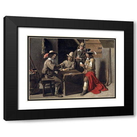 Soldiers Playing Cards Black Modern Wood Framed Art Print with Double Matting by Le Nain, Louis