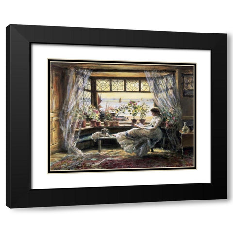 Reading by the Window, Hastings Black Modern Wood Framed Art Print with Double Matting by Lewis, Charles James