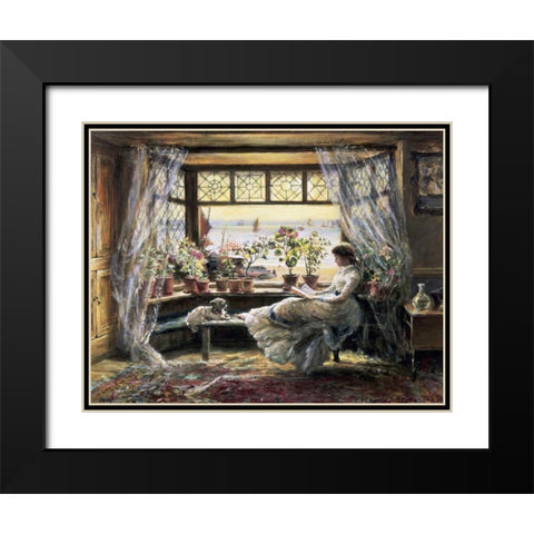 Reading by the Window, Hastings Black Modern Wood Framed Art Print with Double Matting by Lewis, Charles James