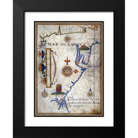 Mar Oceano - Portolan Atlas Illumination Black Modern Wood Framed Art Print with Double Matting by Lopes, Sebastiano