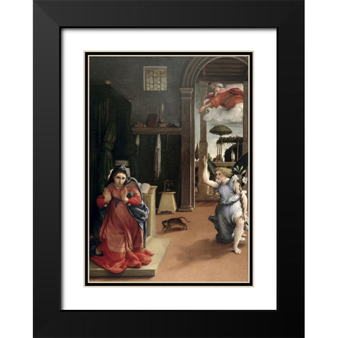 Annunciation Black Modern Wood Framed Art Print with Double Matting by Lotto, Lorenzo