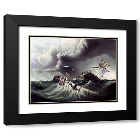 Wreck of An American War-Sloop Black Modern Wood Framed Art Print with Double Matting by Lowell, J.
