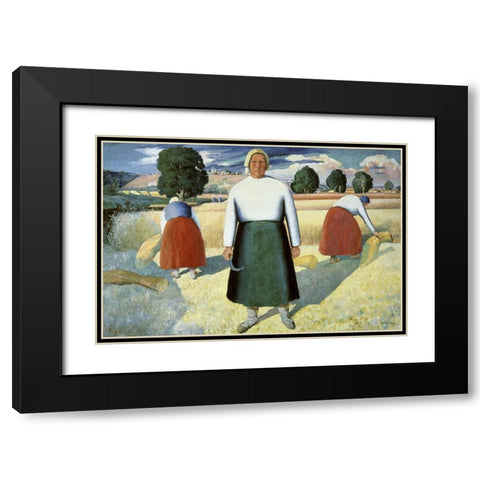 Female Farmers Black Modern Wood Framed Art Print with Double Matting by Malevich, Kazimir