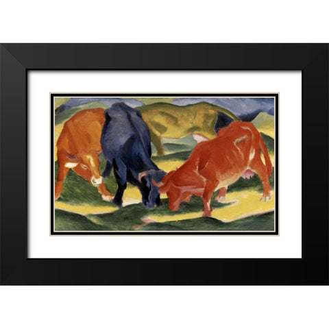 Fighting Cows Black Modern Wood Framed Art Print with Double Matting by Marc, Franz