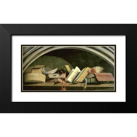Still Life: Shelf With Books Black Modern Wood Framed Art Print with Double Matting by Masters of the Aix Annuniciation