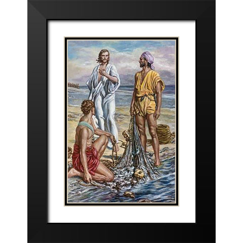 Jesus and The Fishermen Black Modern Wood Framed Art Print with Double Matting by Matania, Fortunino