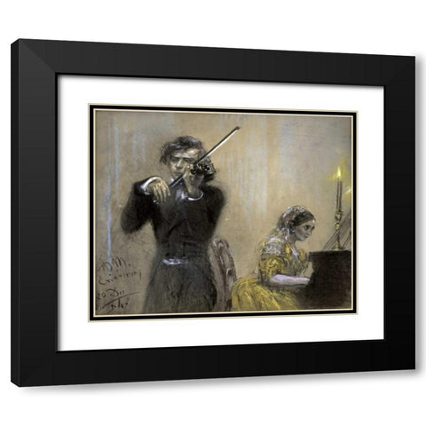 A Violinist and Clara Schumann Black Modern Wood Framed Art Print with Double Matting by Von Menzel, Adolf