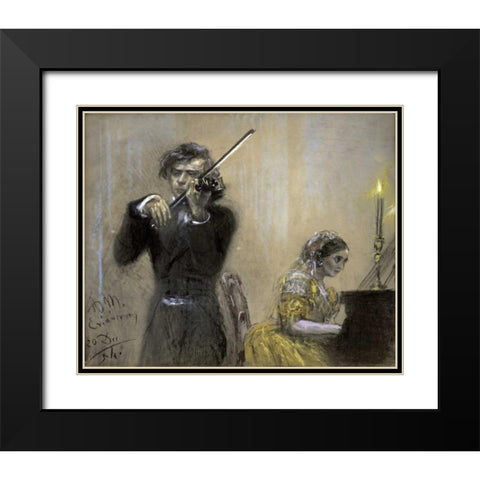 A Violinist and Clara Schumann Black Modern Wood Framed Art Print with Double Matting by Von Menzel, Adolf