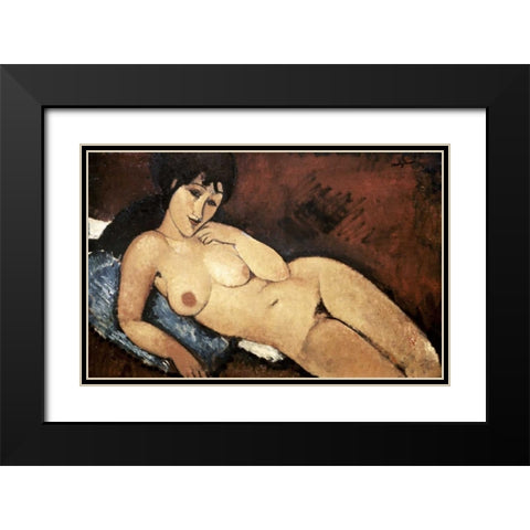Nude on a Blue Cushion Black Modern Wood Framed Art Print with Double Matting by Modigliani, Amedeo