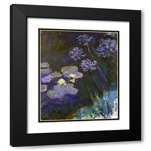 Water Lilies and Agapanthus Black Modern Wood Framed Art Print with Double Matting by Monet, Claude