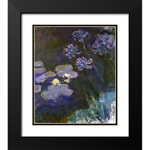 Water Lilies and Agapanthus Black Modern Wood Framed Art Print with Double Matting by Monet, Claude