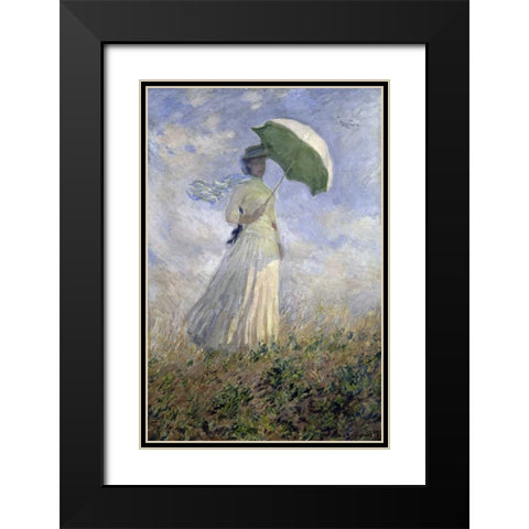 Woman with a Parasol Turned to the Right Black Modern Wood Framed Art Print with Double Matting by Monet, Claude