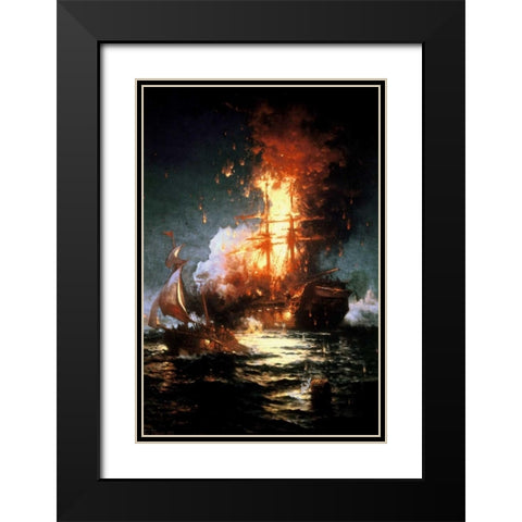 Burning of the Frigate Philadelphia Tripoli Harbor, Feb 16, 1804 Black Modern Wood Framed Art Print with Double Matting by Moran, Edward