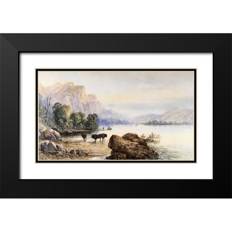 Buffalo Watering Black Modern Wood Framed Art Print with Double Matting by Moran, Thomas