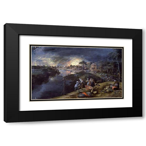 Scene of War and Fire Black Modern Wood Framed Art Print with Double Matting by Mostaert, Gillis