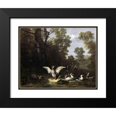 Ducks Black Modern Wood Framed Art Print with Double Matting by Oudry, Jean-Baptiste