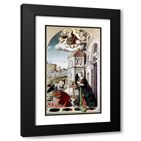 Annunciation Black Modern Wood Framed Art Print with Double Matting by Palmezzano, Marco
