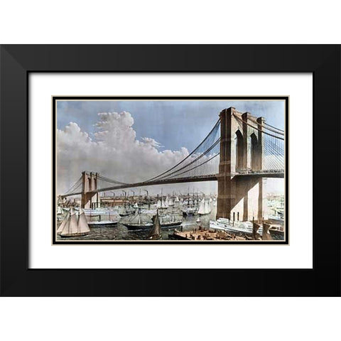 Great East River Suspension Bridge NYC, Brooklyn, 1883 Black Modern Wood Framed Art Print with Double Matting by Parsons, Charles