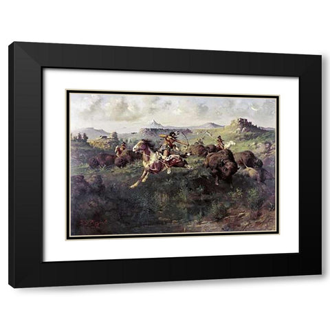Buffalo Hunt Black Modern Wood Framed Art Print with Double Matting by Paxson, Edgar Samuel