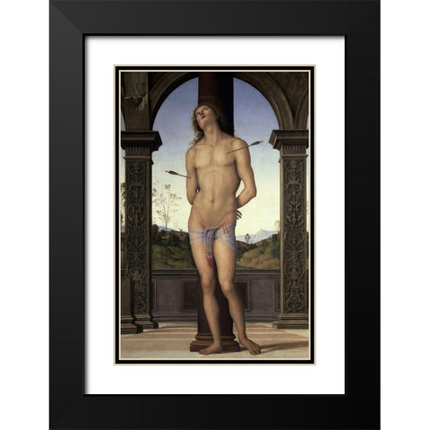 St. Sebastian Black Modern Wood Framed Art Print with Double Matting by Perugino, Pietro