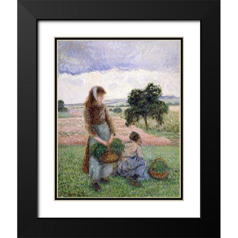 Peasants Carrying a Basket Black Modern Wood Framed Art Print with Double Matting by Pissarro, Camille
