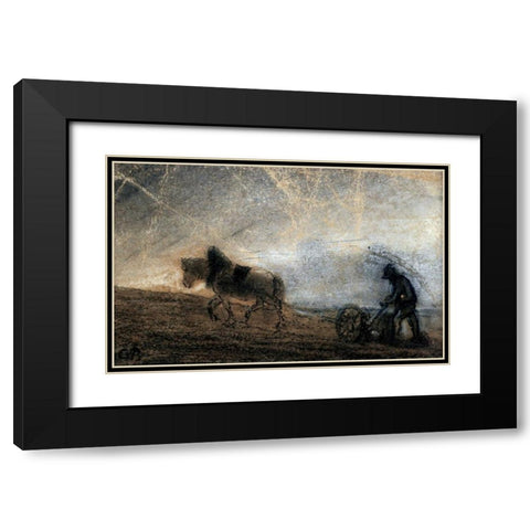 Plowman Black Modern Wood Framed Art Print with Double Matting by Pissarro, Camille