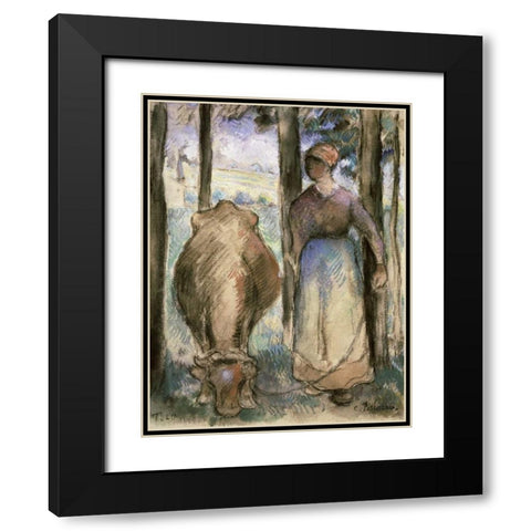 The Cowherd - La Vachere Black Modern Wood Framed Art Print with Double Matting by Pissarro, Camille