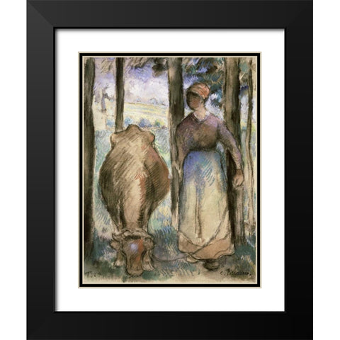 The Cowherd - La Vachere Black Modern Wood Framed Art Print with Double Matting by Pissarro, Camille