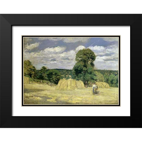 The Harvest at Montfoucault Black Modern Wood Framed Art Print with Double Matting by Pissarro, Camille