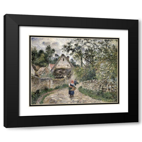 Village Street at Valhermeil Black Modern Wood Framed Art Print with Double Matting by Pissarro, Camille