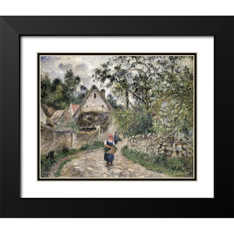 Village Street at Valhermeil Black Modern Wood Framed Art Print with Double Matting by Pissarro, Camille
