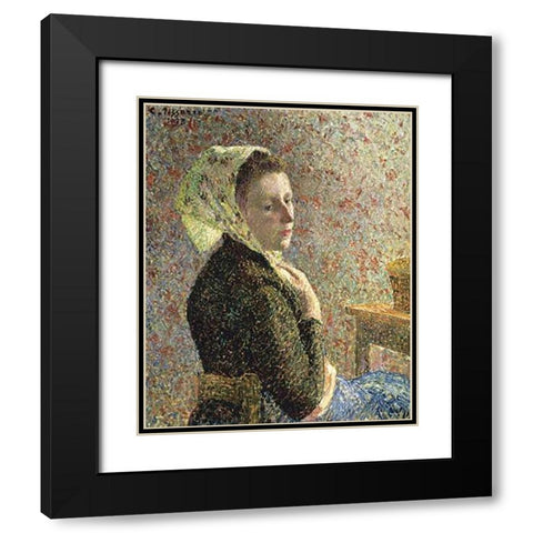 Woman with Green Scarf Black Modern Wood Framed Art Print with Double Matting by Pissarro, Camille