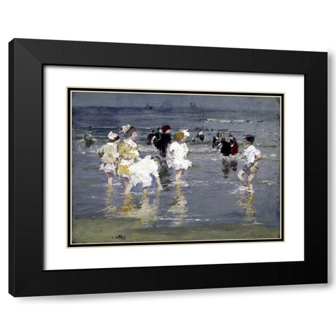 Children on the Beach Black Modern Wood Framed Art Print with Double Matting by Potthast, Edward Henry