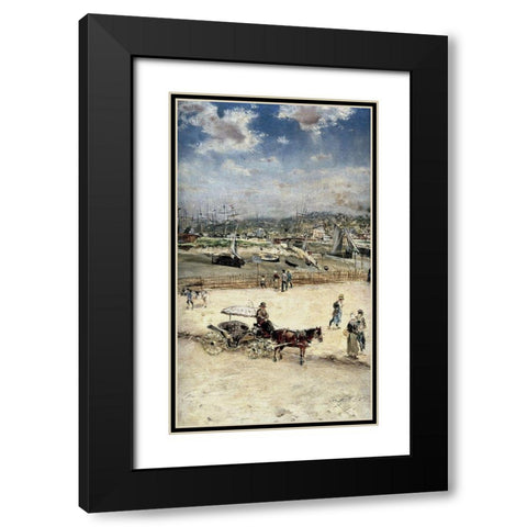 La Plage a Trouville Black Modern Wood Framed Art Print with Double Matting by Raffaelli, Jean-Francois