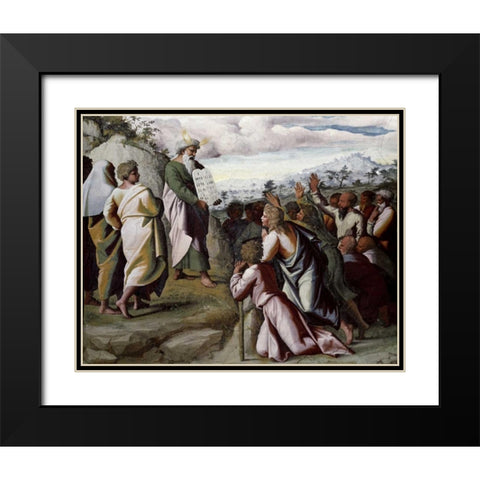 Moses Presenting The Ten Commandments Black Modern Wood Framed Art Print with Double Matting by Raphael