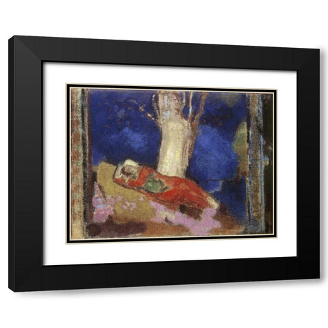A Woman Lying Under The Tree Black Modern Wood Framed Art Print with Double Matting by Redon, Odilion