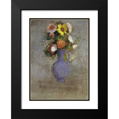 Bouquet in a Blue Vase Black Modern Wood Framed Art Print with Double Matting by Redon, Odilon