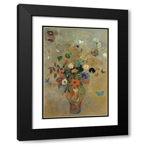 Bouquet of Flowers with Butterflies Black Modern Wood Framed Art Print with Double Matting by Redon, Odilion