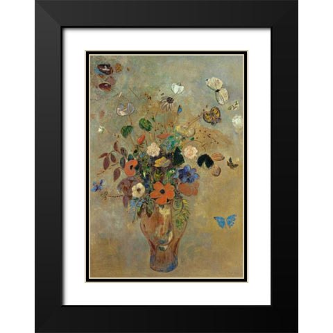 Bouquet of Flowers with Butterflies Black Modern Wood Framed Art Print with Double Matting by Redon, Odilion