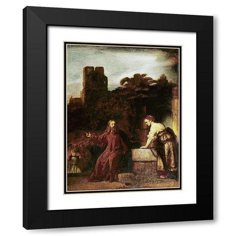 Christ and The Woman of Samaria Black Modern Wood Framed Art Print with Double Matting by Rembrandt Van Rijn,