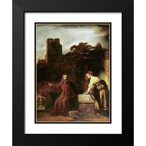 Christ and The Woman of Samaria Black Modern Wood Framed Art Print with Double Matting by Rembrandt Van Rijn,