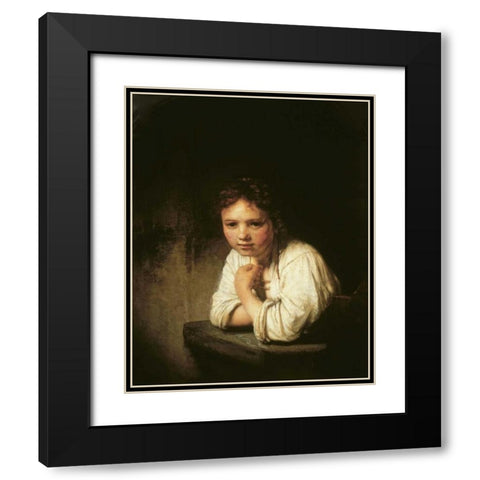 Girl at Window Black Modern Wood Framed Art Print with Double Matting by Van Rijn, Rembrandt