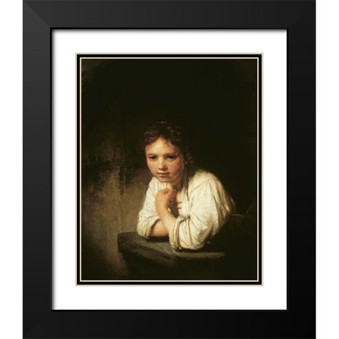 Girl at Window Black Modern Wood Framed Art Print with Double Matting by Van Rijn, Rembrandt