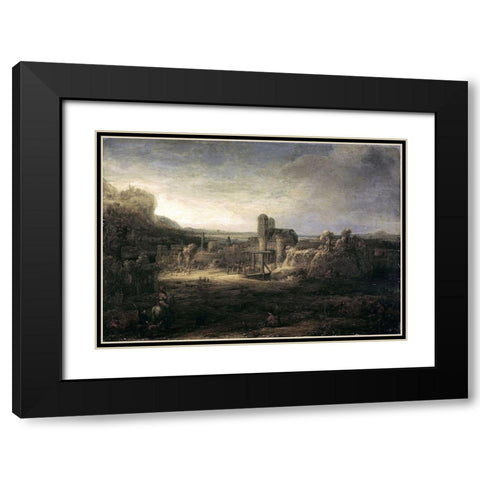 Landscape with a Church Black Modern Wood Framed Art Print with Double Matting by Rembrandt Van Rijn,